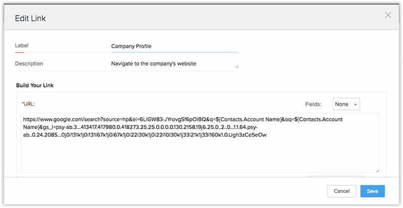View of customizing a Zoho CRM web link.