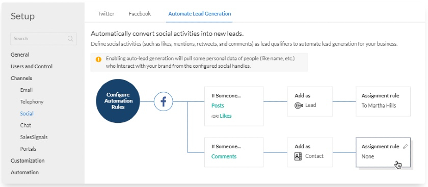 Zoho CRM setup for configuring automation rules for running social media ad campaigns such as a Facebook advertisement.