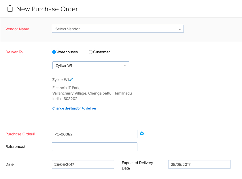 Zoho Inventory new purchase order form.