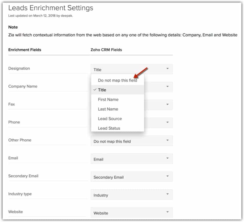 Leads enrichment settings of Zoho.