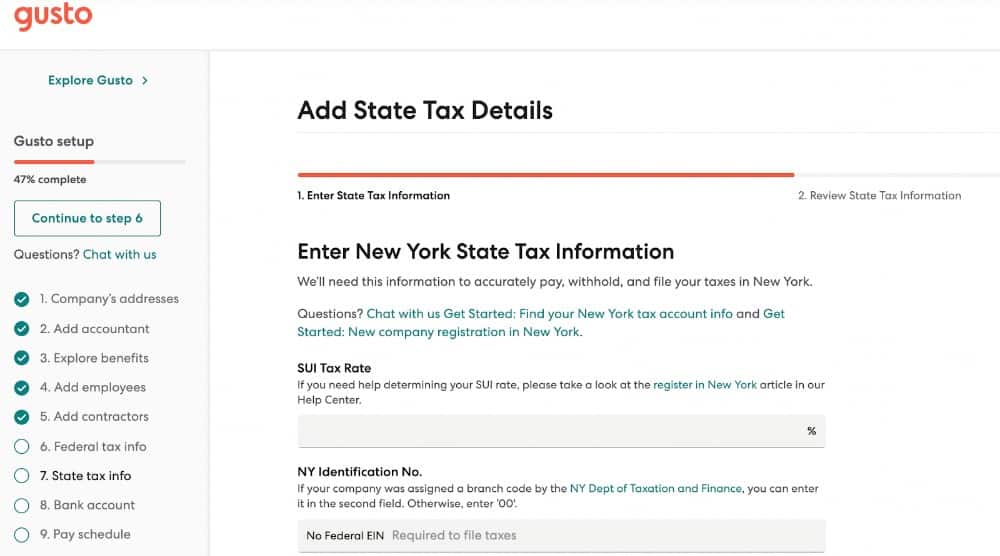 Gusto’s tax setup page example; links to more information are in green font.