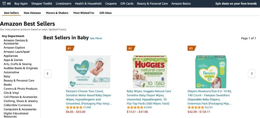 Amazon Best Sellers lists highlight popular products by category.