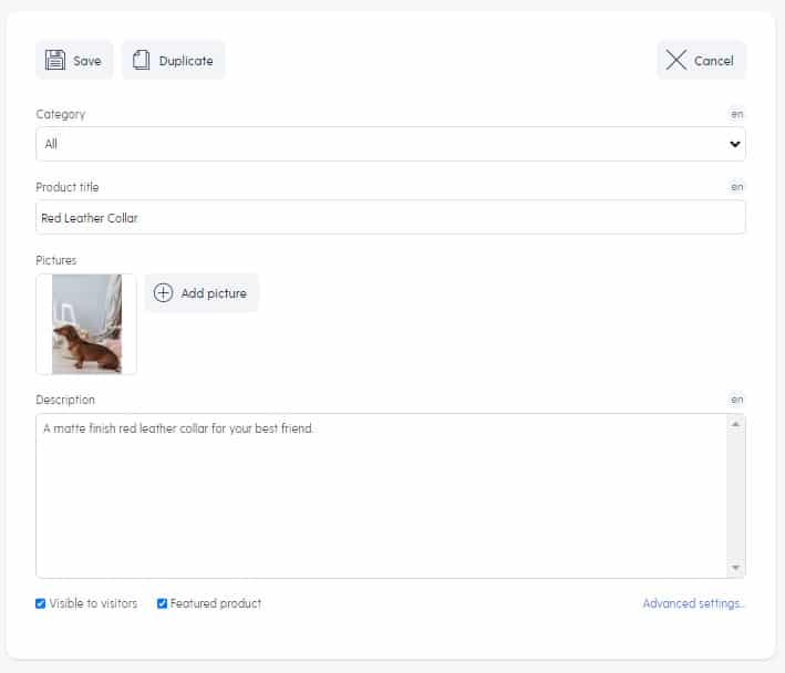 Clicking on each product option to add own photos, title and description.
