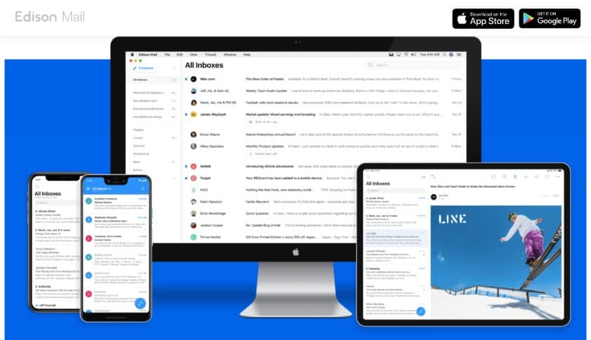 Edison Mail's email interface on mobile, desktop, and tab.
