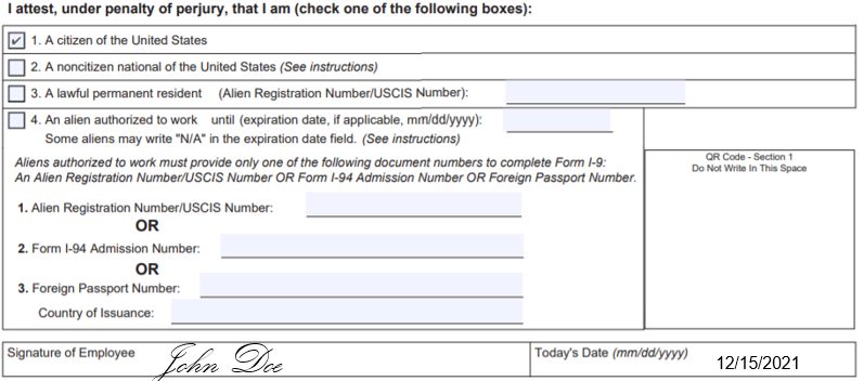 Showing employee attestation data in form I-9.