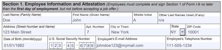 Showing filled out employee information box in form I-9.