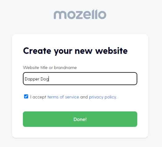 Entering your business name in Mozello.