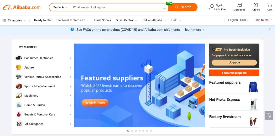 Finding specific products in Alibaba.
