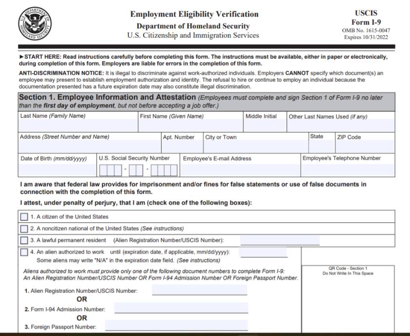 Showing blank form I-9.