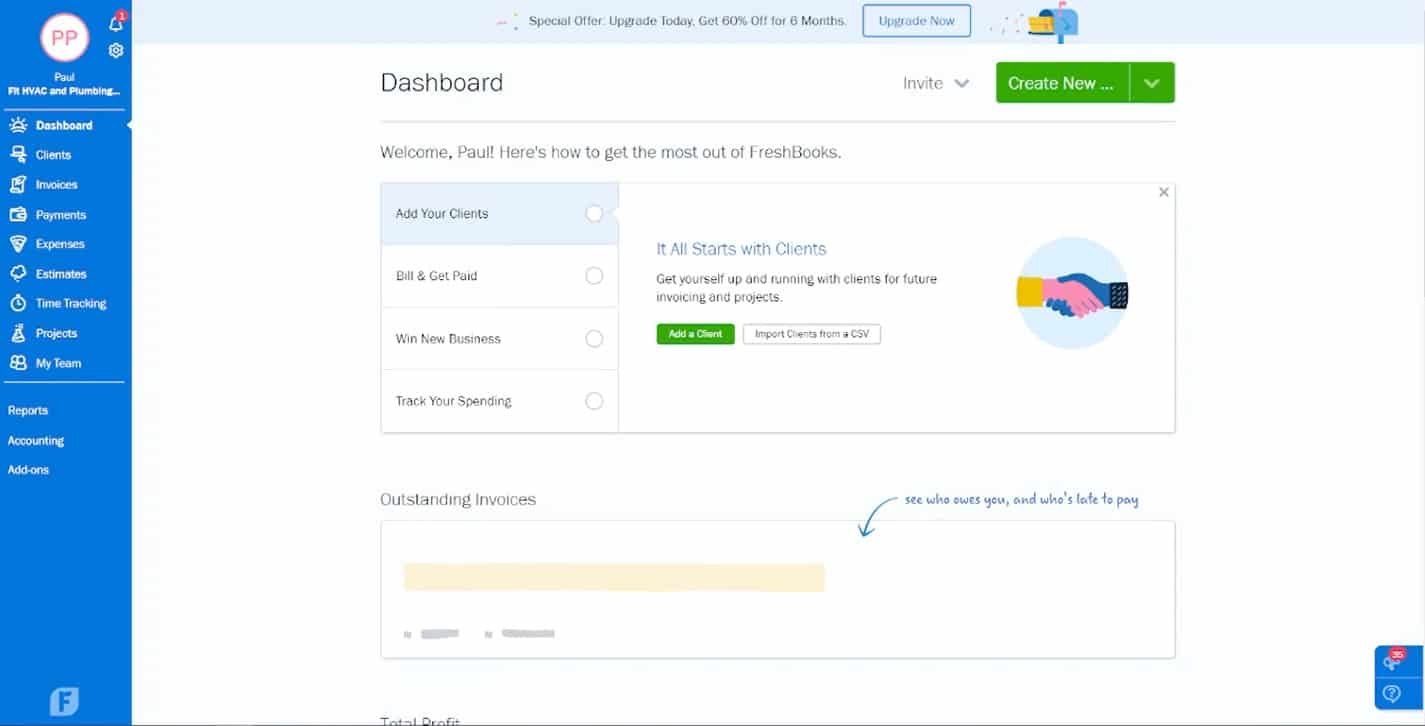 FreshBooks Dashboard wherein you can see the Outstanding Invoices first.