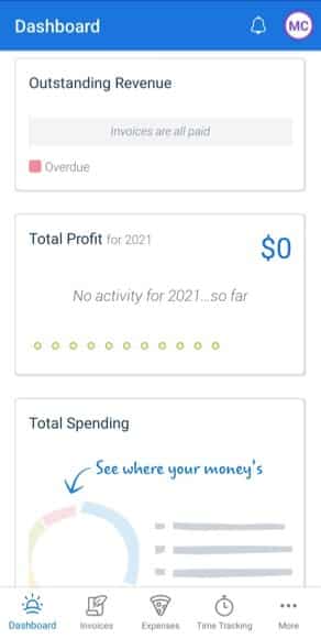 FreshBooks Mobile App Dashboard, showing outstanding revenue, total profit, and spending.