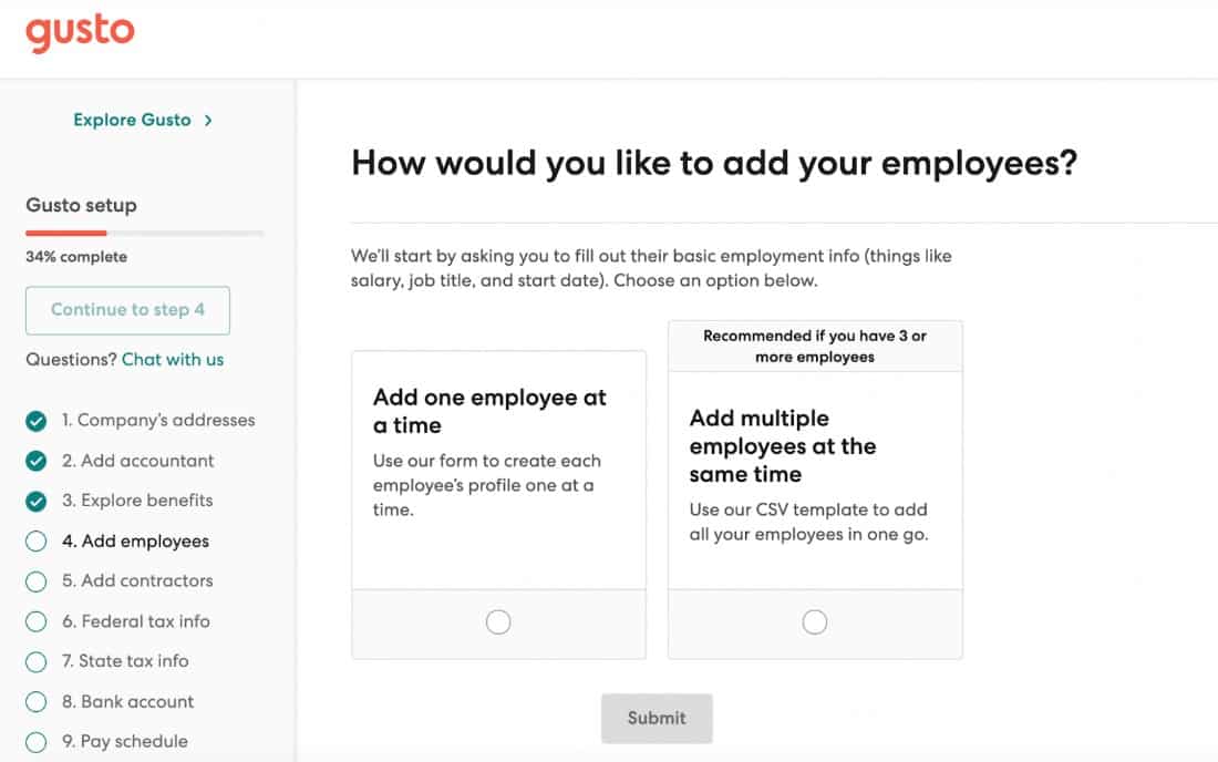 Showing how would you like to add your employees in Gusto.