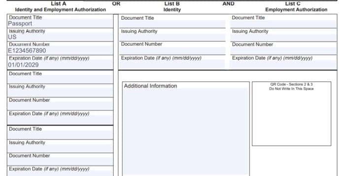 Showing identity and Employment Authorization sections in Form I-9.