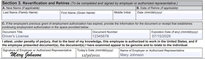 Inputting date of rehire or verification documentation in Form I-9.