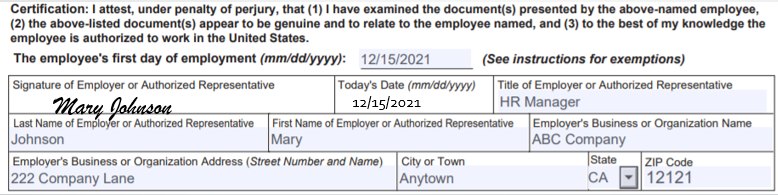 Inputting employee’s start date and sign in Form I-9.