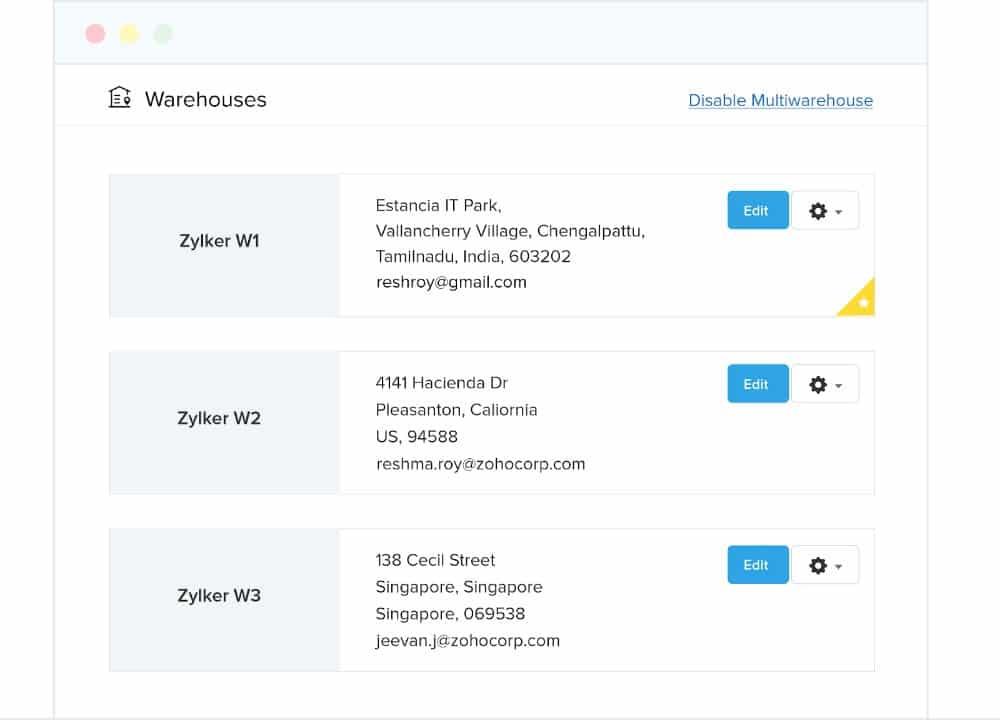 Showing how you can manage multiple warehouses and set a primary warehouse in Zoho.