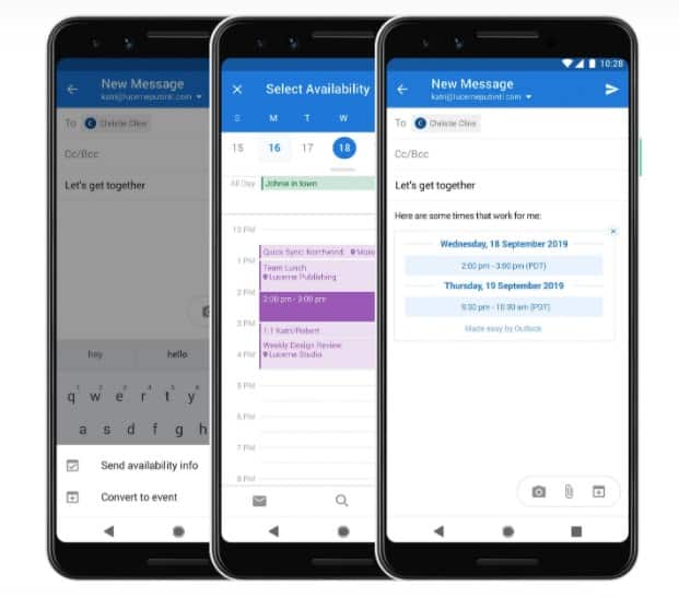 Mobile inbox interface showing schedules and new messages in Microsoft Outlook.