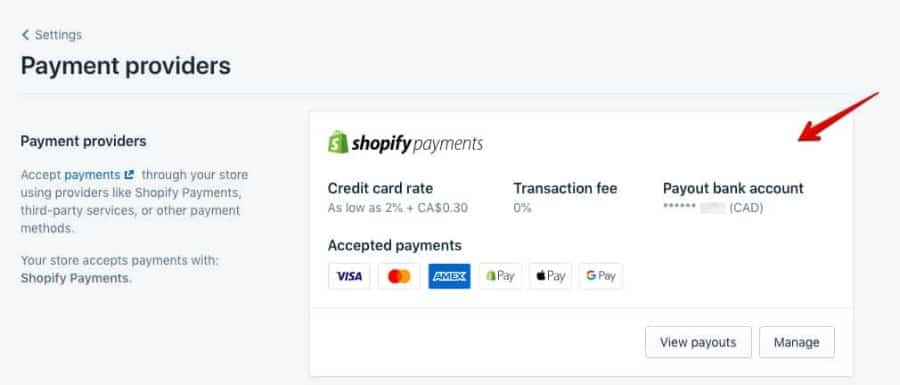 Showing payment provider in Shopify dashboard.