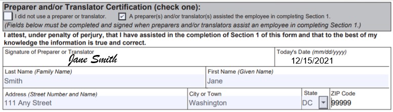 Preparer or translator will sign and complete their name and address information in Form I-9.