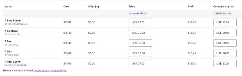 Showing pricing tab details.