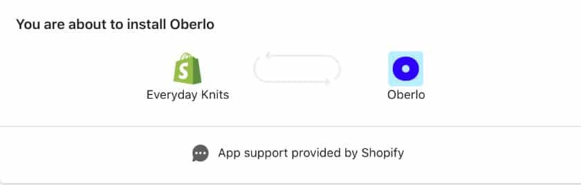 Showing a prompt to install Oberlo and connect it to your Shopify store.