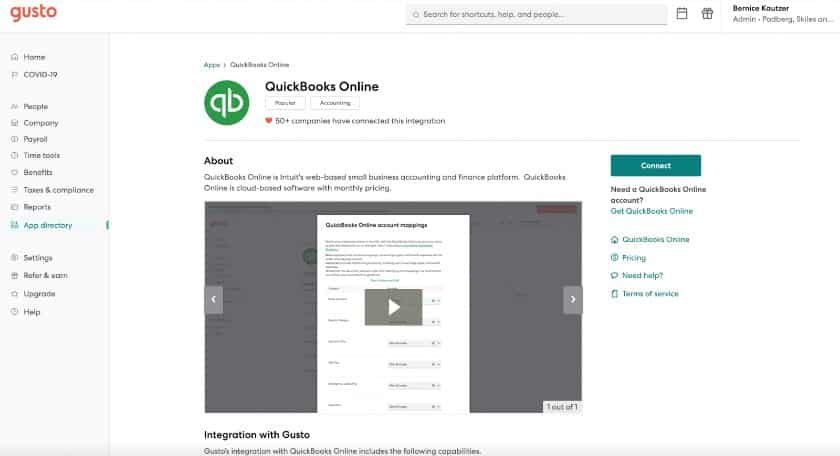 Showing QuickBooks online app in Gusto.
