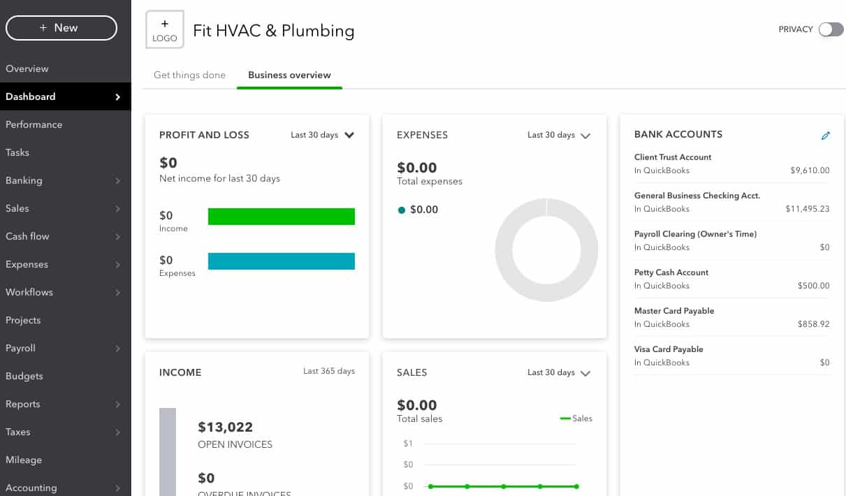 Image showing QuickBook Online’s core features, including Banking, Sales, Cashflow, Expenses, Projects, and Payroll. 