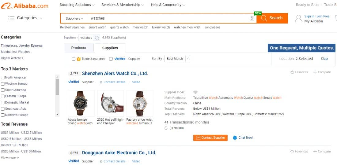 A search on Alibaba returns 4,000+ Chinese watch suppliers.