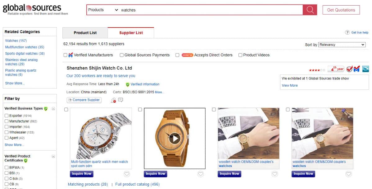 A search on Global Sources returns 1,600+ Chinese watch suppliers.