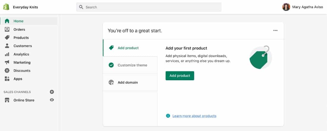 Showing Shopify's dashboard has a basic set-up wizard you can follow to set up store.