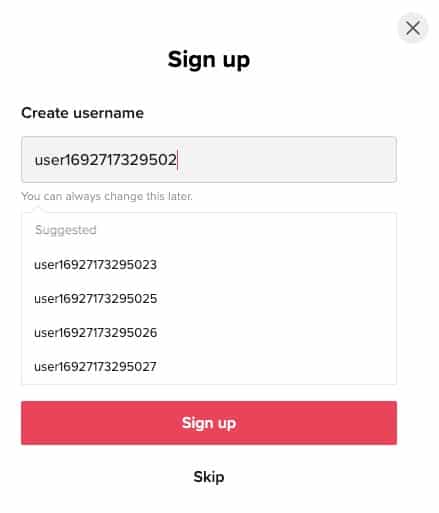 Sign up page when creating a Tiktok account.