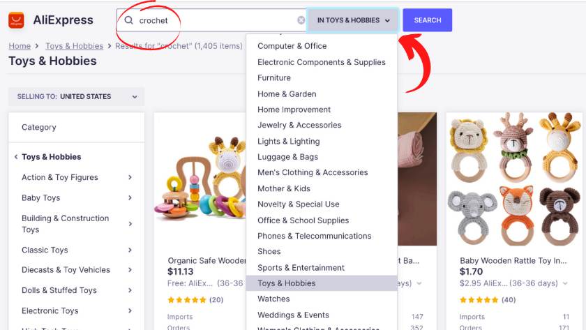 Typing your keyword in the search bar to find products.