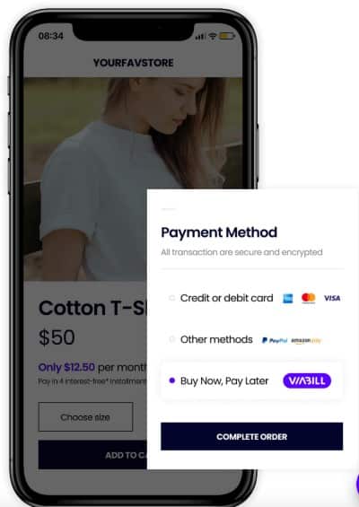 Showing Viabill payment methods on mobile.