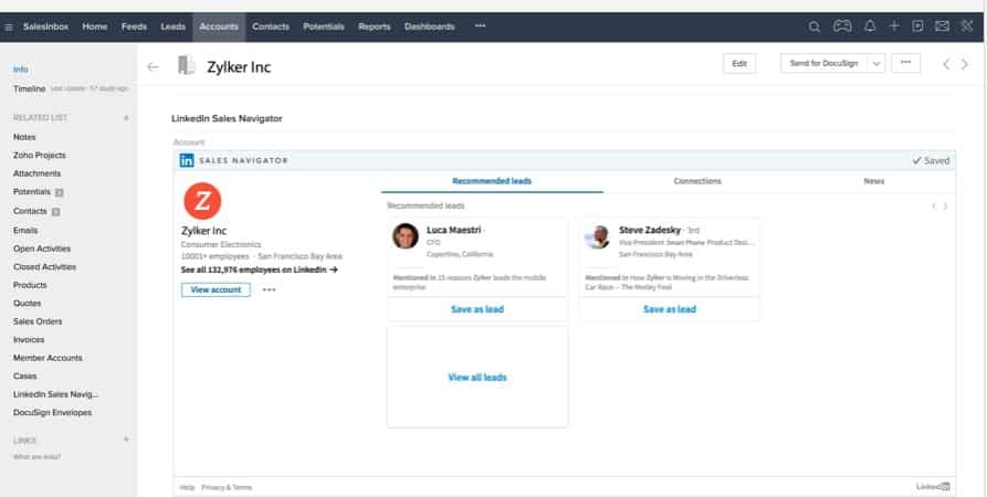 Example of Zoho CRM Integration with LinkedIn Sales Navigator.