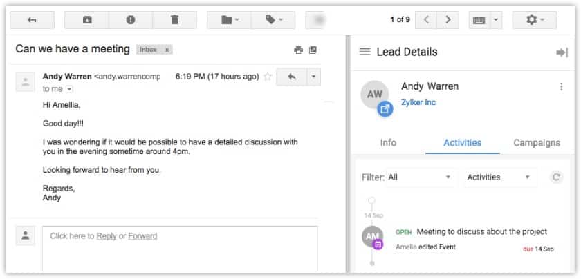 The Zoho CRM’s integration with Gmail shows all recent activities and details related to a lead.