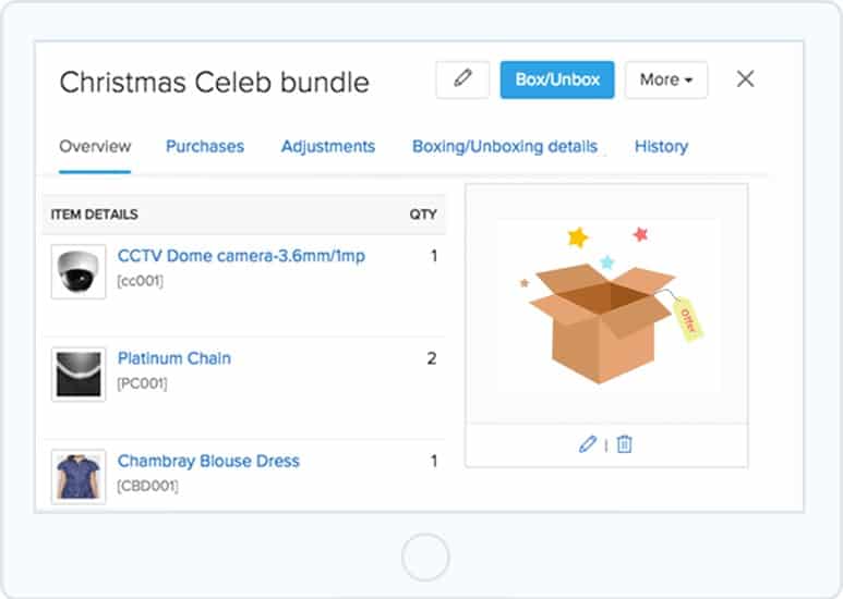 Showing how Zoho supports kitting, create new items or bundles while tracking components.