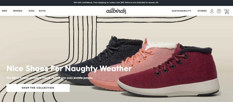 Allbirds home page, a website that selling shoes.