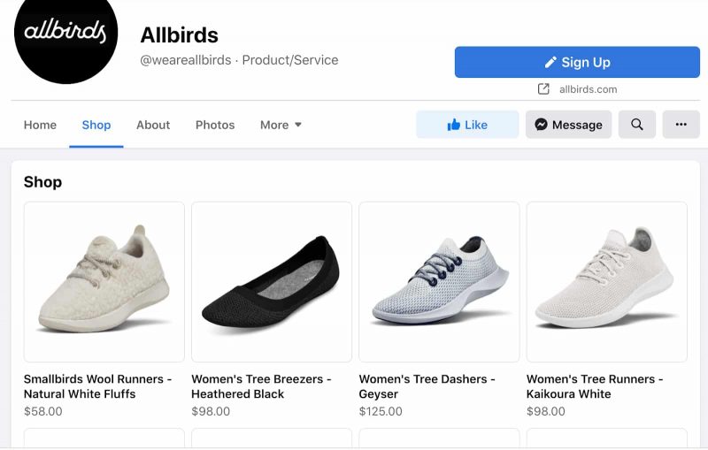 Allbirds Facebook shop page.