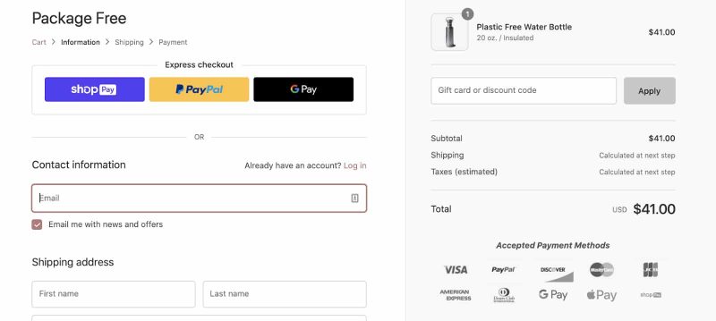 Package Free’s checkout page with express checkout info.