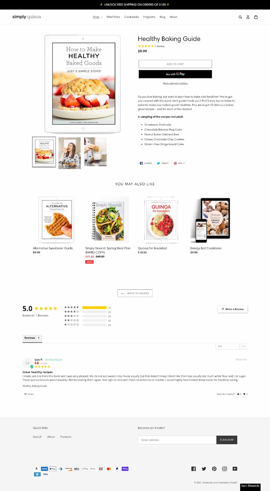 Simply Quinoa’s product page with book guide for sale.