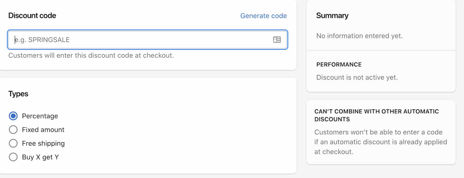 Create discount codes from the Shopify dashboard.