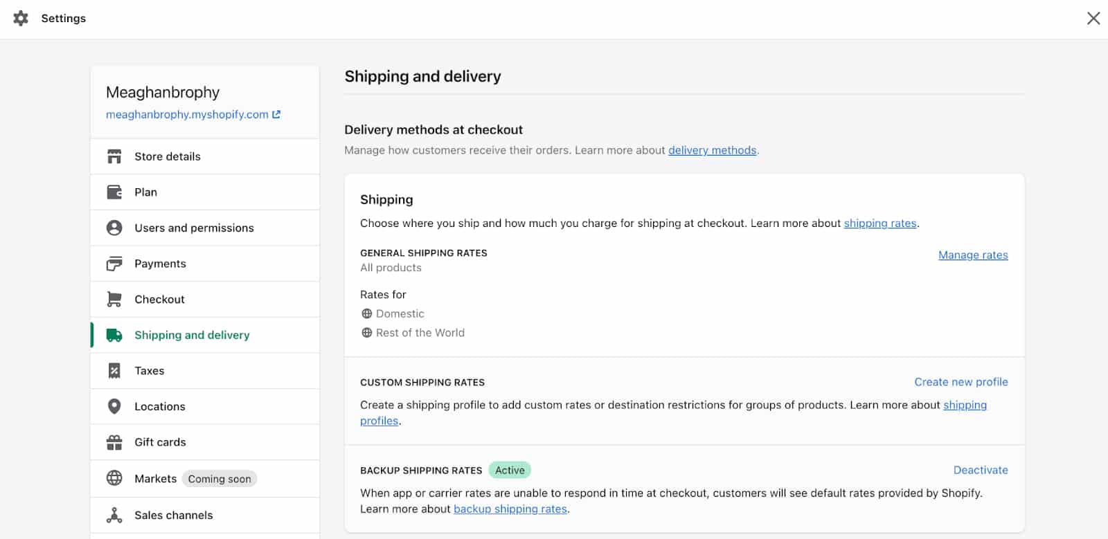Shopify shipping and delivery settings.