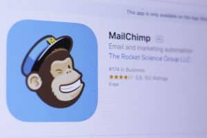 MailChimp app icon in an app store with star ratings.