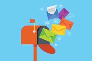 Colored mails and web icons coming out of the mailbox.
