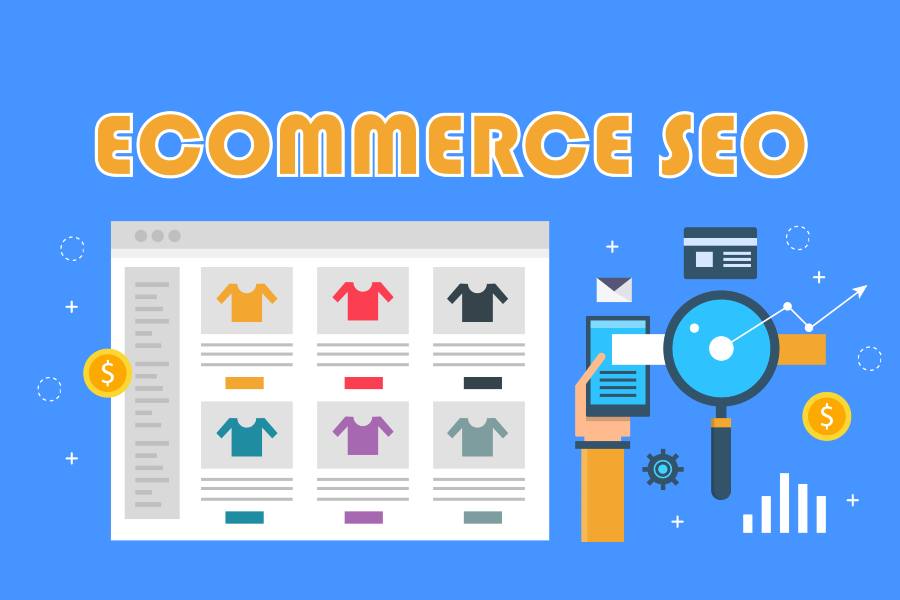 Ecommerce SEO, marketing campaign, online shopping, website store flat vector banner illustration isolated on blue background.