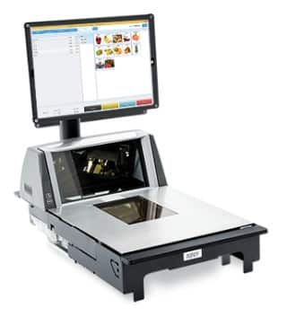 Showing Comcash terminal with scanner and scale attached.