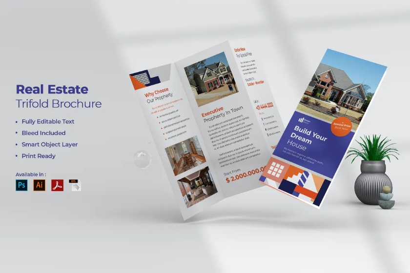 Graphic and colorful trifold real estate brochure template from Envato element.