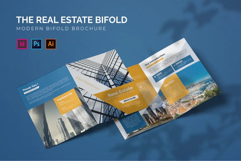 Modern company bifold real estate brochure template from Envato element.