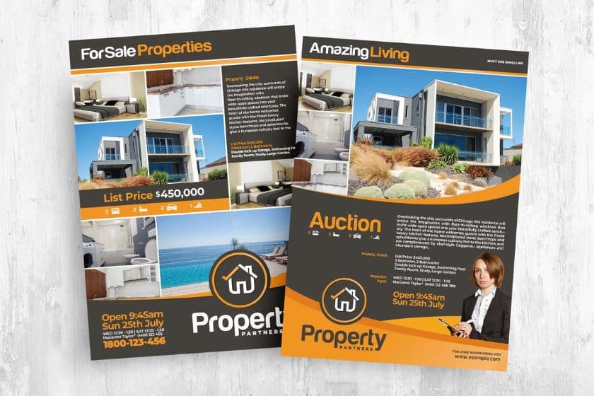 Double-sided real estate brochure template from Envato element.