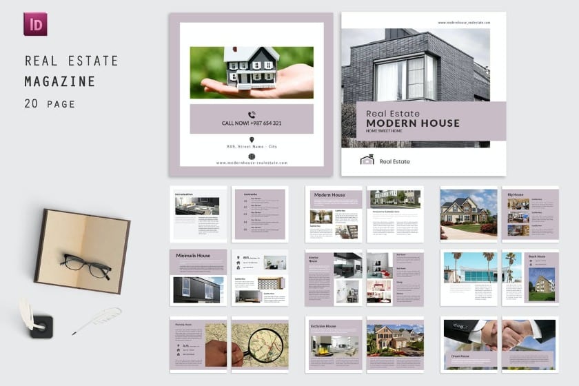 Pre-made layout of modern real estate magazine from Envato element.